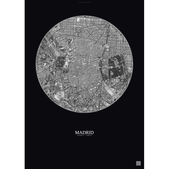Affiche Madrid – Poster vue satellite 2.5km N&B | Gravura – Fond foncé