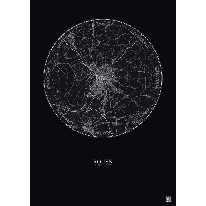 Affiche Rouen – Poster carte de ville 20km | Gravura – Fond fonc