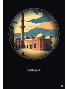 Damascus Vintage Travel Poster – Umayyad Mosque | Gravura – Dark background