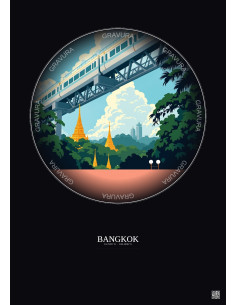 Affiche Bangkok – Poster illustration vintage – Bts Skytrain | Gravura – Fond foncé