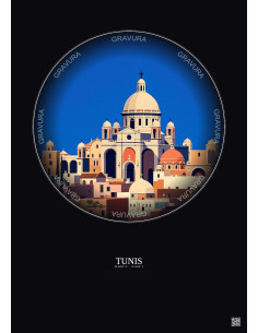 Affiche Tunis – Poster illustration vintage – Cathedral Of St Vincent De Paul | Gravura – Fond foncé