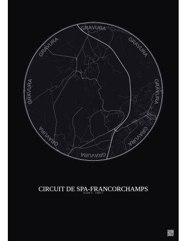 Affiche Circuit De Spa Francorchamps – Poster carte de ville 5km | Gravura – Fond foncé
