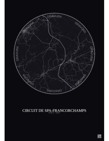 Affiche Circuit De Spa Francorchamps – Poster carte de ville 10km | Gravura – Fond foncé