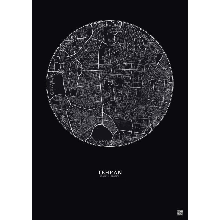 Affiche Tehran – Poster carte de ville 6km | Gravura – Fond fonc