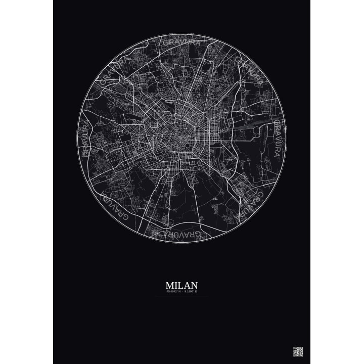 Affiche Milan – Poster carte de ville 10km | Gravura – Fond fonc