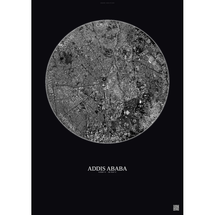 Affiche Addis Ababa – Poster vue satellite 2.5km N&B | Gravura – Fond foncé