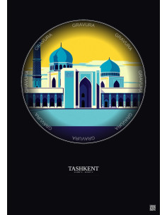 Tashkent Vintage Travel Poster – Registan Square | Gravura – Dark background