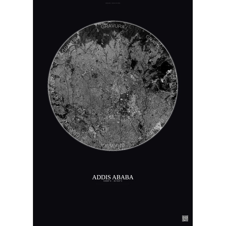 Affiche Addis Ababa – Poster vue satellite 6km N&B | Gravura – Fond foncé