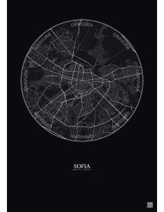 Affiche Sofia – Poster carte de ville 6km | Gravura – Fond foncé