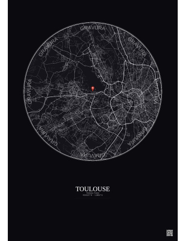 Toulouse, France - Carte de ville personnalisée 10 km · Fond foncé