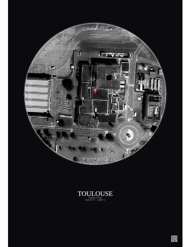 Toulouse, France - Custom Satellite View 0.1 km · B&W · Dark background