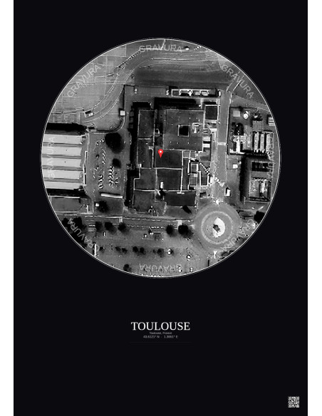 Toulouse, France - Custom Satellite View 0.1 km · B&W · Dark background