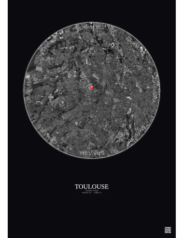 Toulouse, France - Vue satellite personnalisée 10 km · N&B · Fond foncé