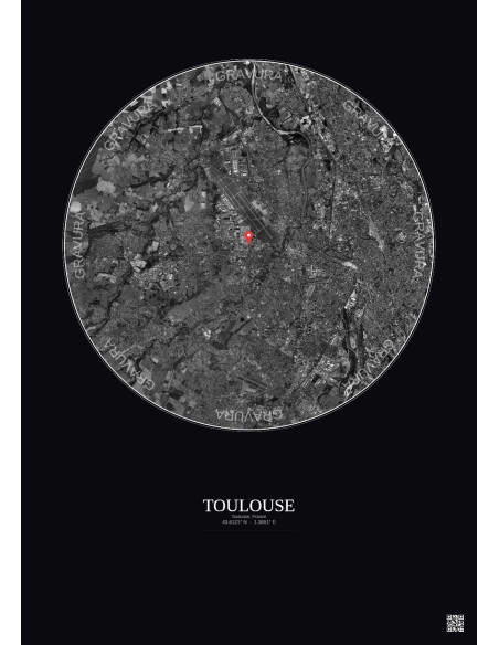 Toulouse, France - Vue satellite personnalisée 10 km · N&B · Fond foncé