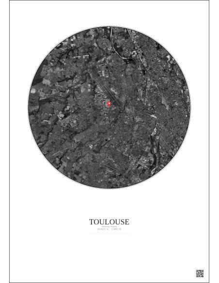 Toulouse, France - Custom Satellite View 10 km · B&W · Light background