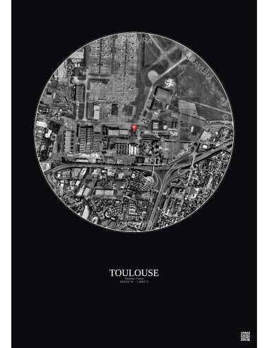 Toulouse, France - Vue satellite personnalisée 1 km · N&B · Fond foncé