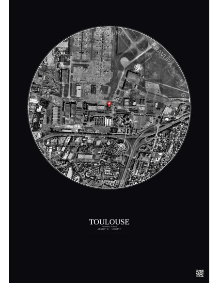 Toulouse, France - Vue satellite personnalisée 1 km · N&B · Fond foncé