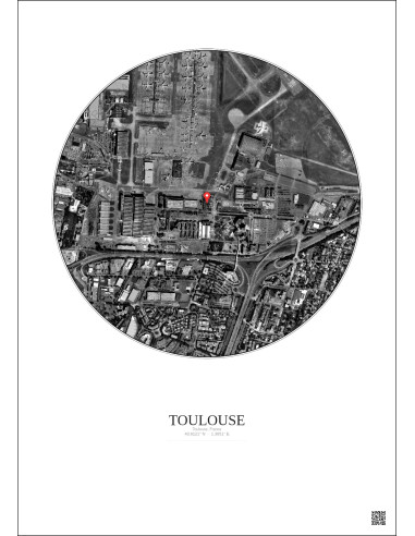 Toulouse, France - Vue satellite personnalisée 1 km · N&B · Fond clair