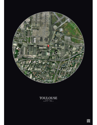 Toulouse, France - Vue satellite personnalisée 1 km · Couleur · Fond foncé