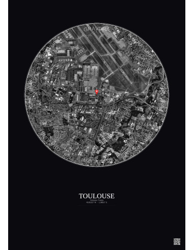 Toulouse, France - Vue satellite personnalisée 2.5 km · N&B · Fond foncé