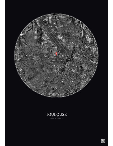 Toulouse, France - Vue satellite personnalisée 5 km · N&B · Fond foncé