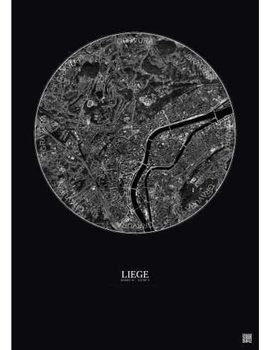Affiche Liege – Poster vue satellite 2.5km N&B | Gravura – Fond foncé