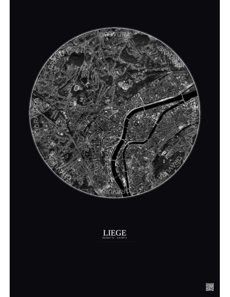 Affiche Liege – Poster vue satellite 2.5km N&B | Gravura – Fond foncé