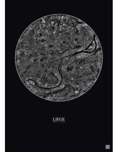 Liege Satellite View Poster 6km B&W | Gravura – Dark background