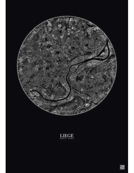 Liege Satellite View Poster 6km B&W | Gravura – Dark background