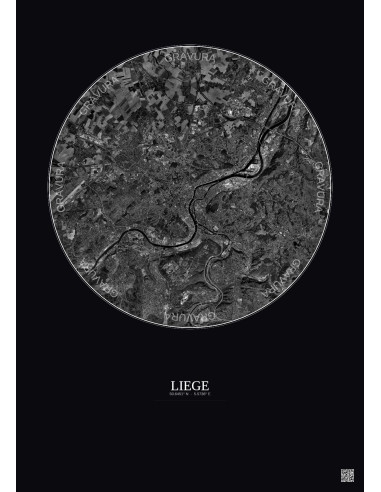 Affiche Liege – Poster vue satellite 10km N&B | Gravura – Fond foncé