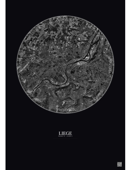 Affiche Liege – Poster vue satellite 10km N&B | Gravura – Fond foncé