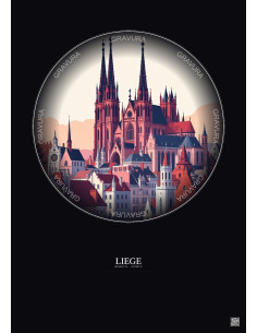 Liege Vintage Travel Poster – Cathedrale Saint Paul De Liege | Gravura – Dark background