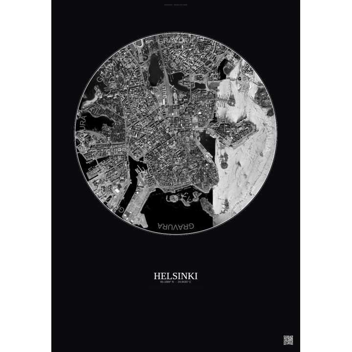 Affiche Helsinki – Poster vue satellite 2.5km N&B | Gravura – Fond foncé