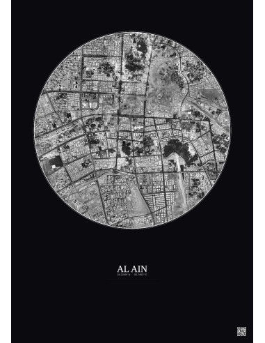 Affiche Al Ain – Poster vue satellite 5km N&B | Gravura – Fond foncé