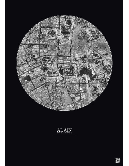 Affiche Al Ain – Poster vue satellite 5km N&B | Gravura – Fond foncé