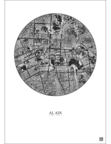 Affiche Al Ain – Poster vue satellite 5km N&B | Gravura – Fond clair