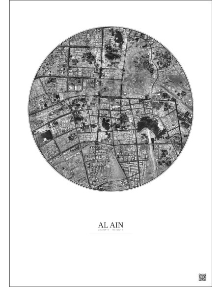 Affiche Al Ain – Poster vue satellite 5km N&B | Gravura – Fond clair