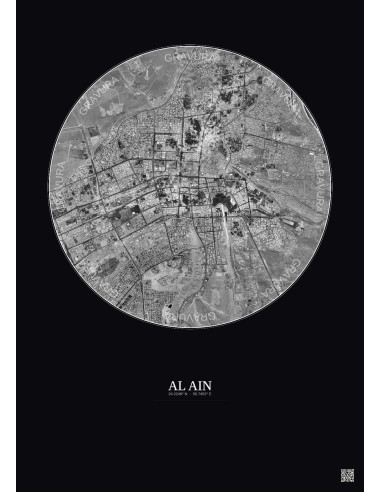 Affiche Al Ain – Poster vue satellite 10km N&B | Gravura – Fond foncé