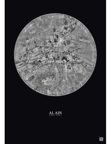 Affiche Al Ain – Poster vue satellite 10km N&B | Gravura – Fond foncé