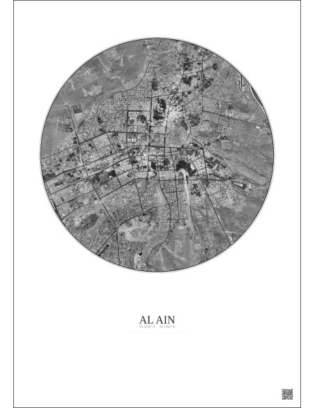 Affiche Al Ain – Poster vue satellite 10km N&B | Gravura – Fond clair