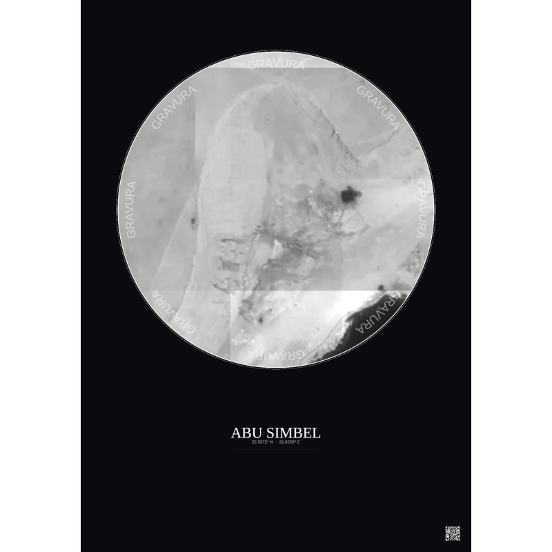 Affiche Abu Simbel – Poster vue satellite 0.1km N&B | Gravura – Fond foncé