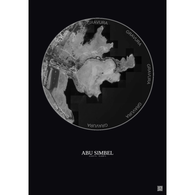 Affiche Abu Simbel – Poster vue satellite 0.5km N&B | Gravura – Fond foncé