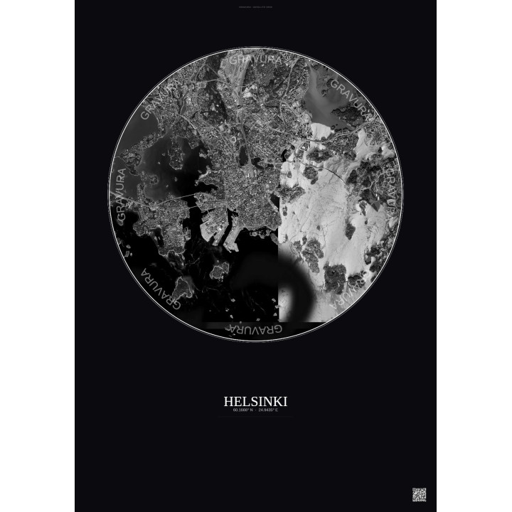 Affiche Helsinki – Poster vue satellite 6km N&B | Gravura – Fond foncé