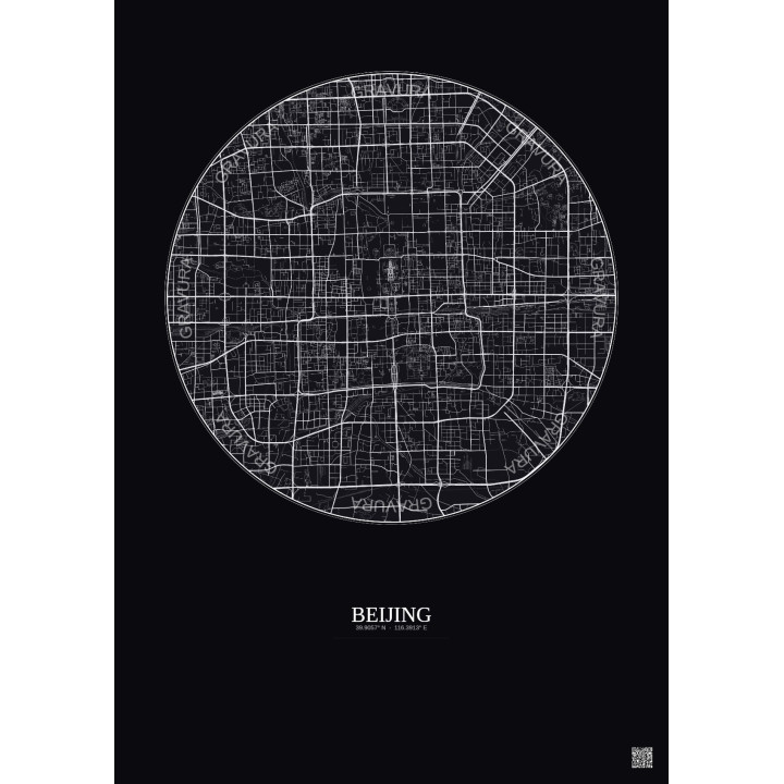 Affiche Beijing – Poster carte de ville 10km | Gravura – Fond foncé