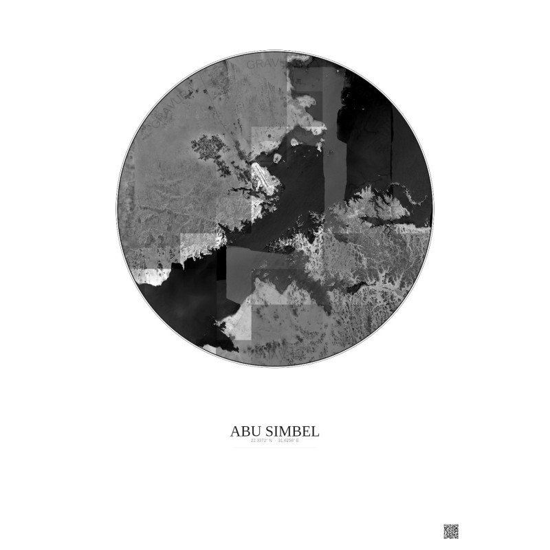 Abu Simbel Satellite View Poster 20km B&W | Gravura – Light background