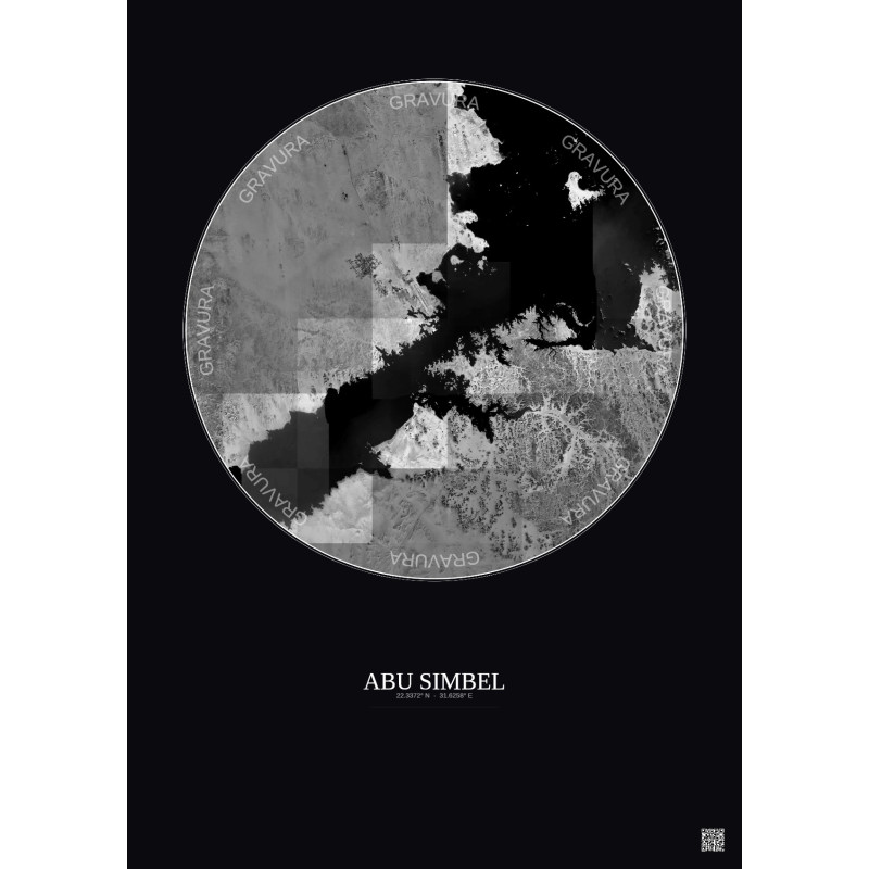 Affiche Abu Simbel – Poster vue satellite 30km N&B | Gravura – Fond foncé