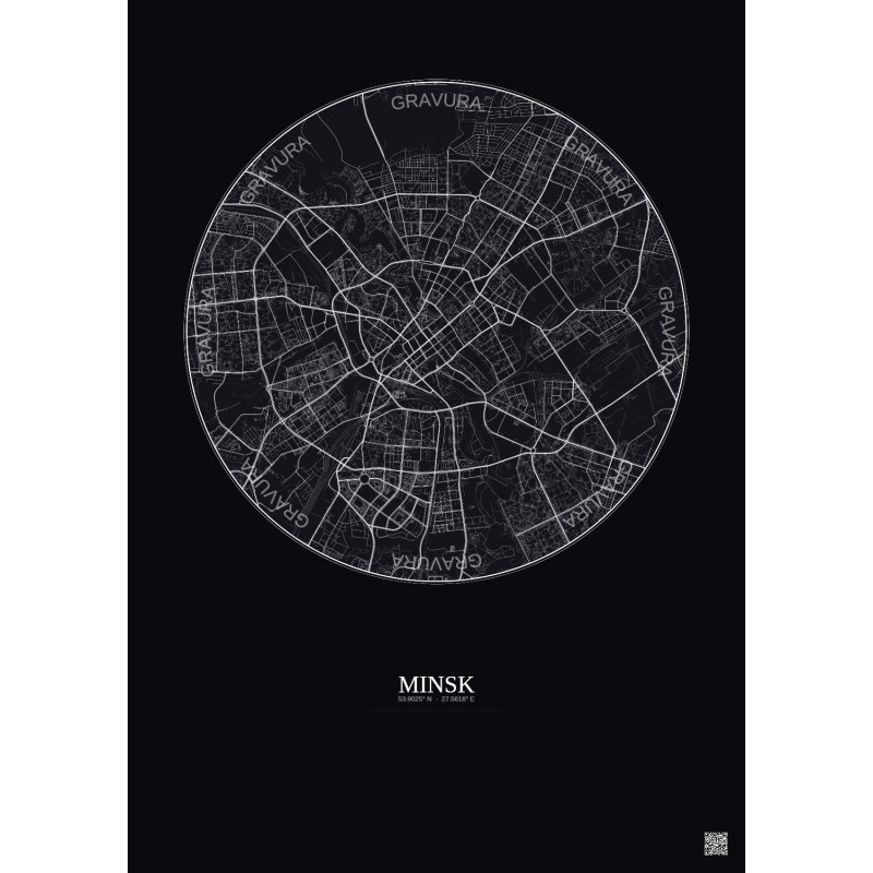 Affiche Minsk – Poster carte de ville 6km | Gravura – Fond foncé