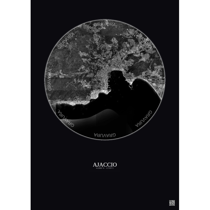 Affiche Ajaccio – Poster vue satellite 5km N&B | Gravura – Fond foncé