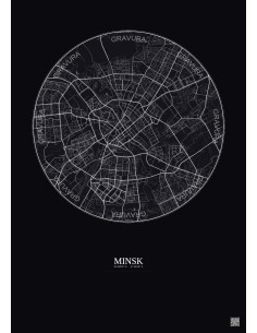 Affiche Minsk – Poster carte de ville 6km | Gravura – Fond foncé