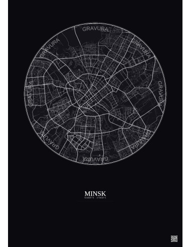 Affiche Minsk – Poster carte de ville 6km | Gravura – Fond foncé